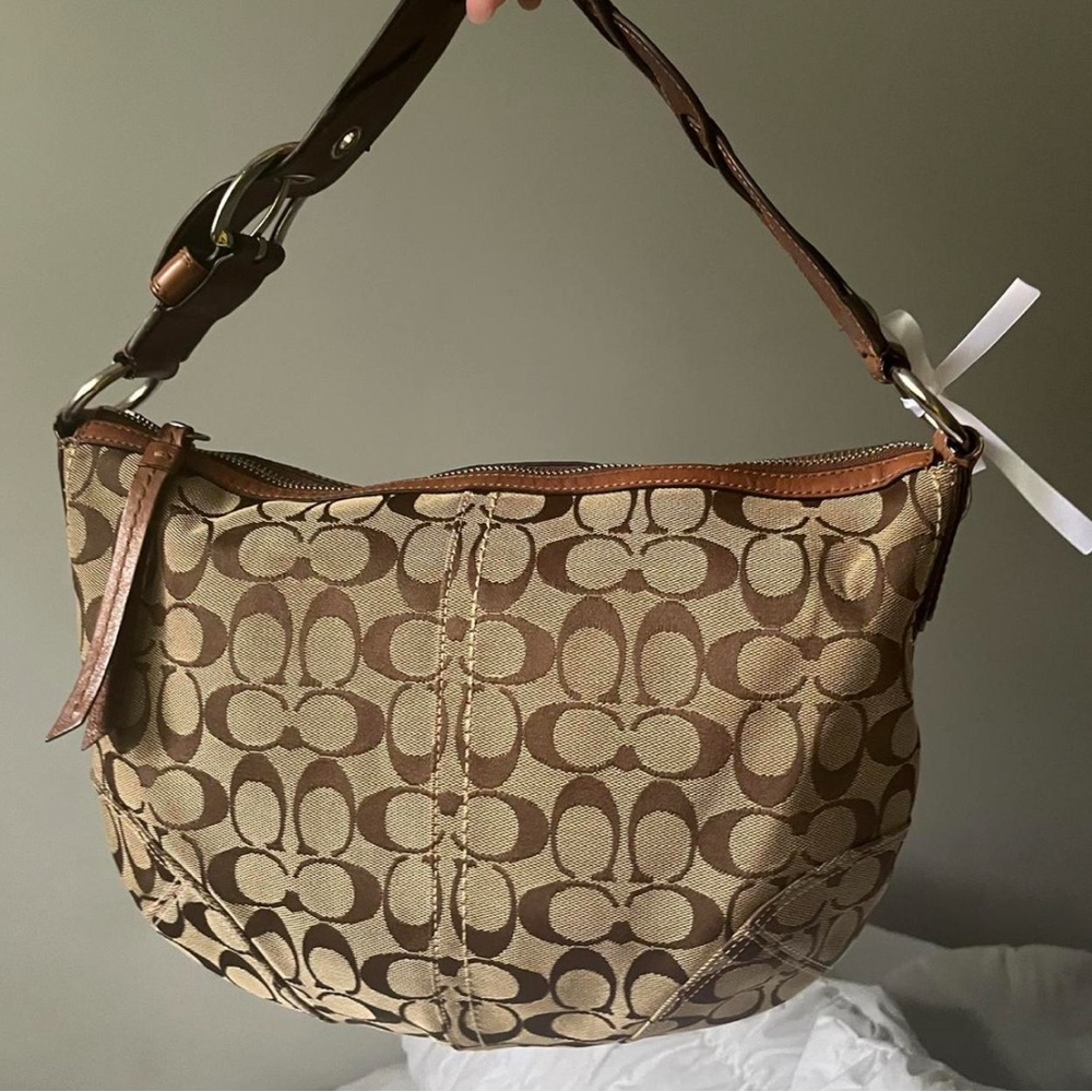 Coach Brown and Tan Signature Shoulder Bag